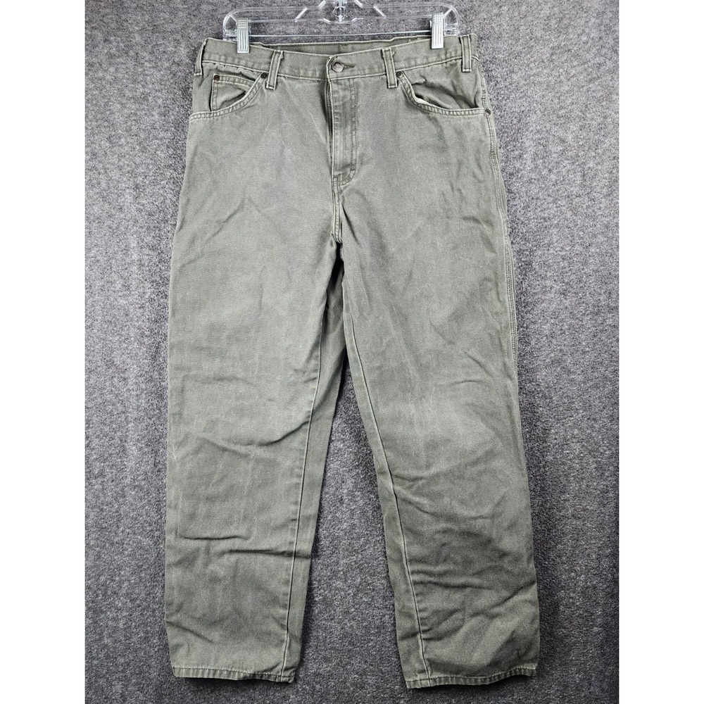 Dickies Carpenter Pants Mens 34 Olive Green Duck Canvas Utility Workwear EUC